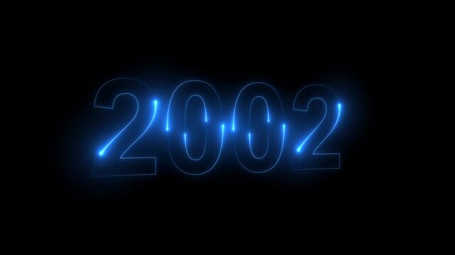 Neon glittering 2002 text on reflection festive background, Christmas and new year celebration. Text new year 2002 blue and green neon effect animation, on a black background. 4k