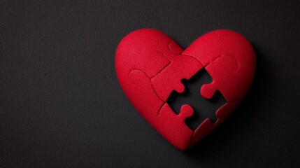 Red heart puzzle with missing piece on dark background symbolizes love and completeness