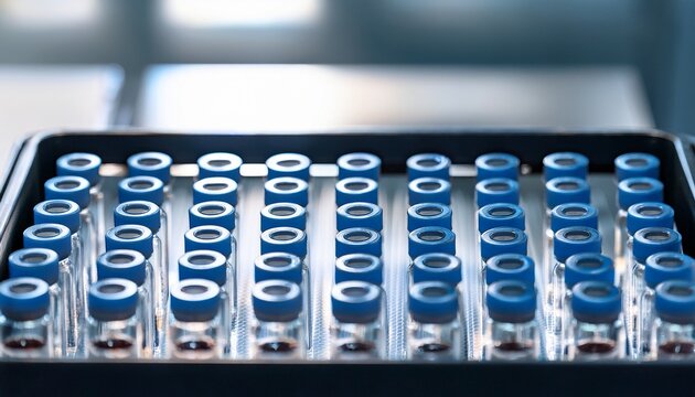 array of sample vials in a gas chromatography autosampler tray research gc vials
