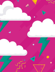 Fondo vectorial rosa vibrante con nubes y rayos