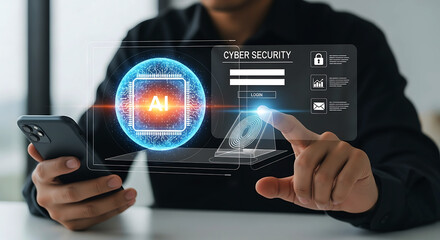 Man using smartphone for cyber security and AI authentication with modern technology showcasing security features and artificial intelligence integration for data protection