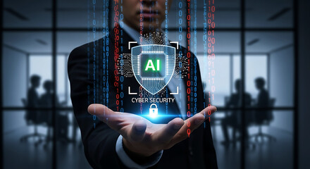 AI Powered Cyber Security System in Businessman Hand with Binary Code Digital Technology Innovation and Protection Concept