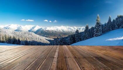 snowy mountain range view from a wooden deck