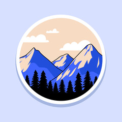 Illustration of mountains and sunset in groove style. Sticker with landscape	