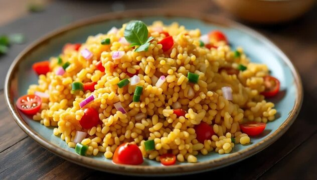 Mixed bhel puri snack arranged neatly on rustic plate with chopped onions and tomatoes 