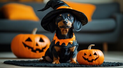 Dachshund puppy in witch costume with pumpkins