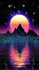 Neon mountains under starry sky with vibrant sunset reflection