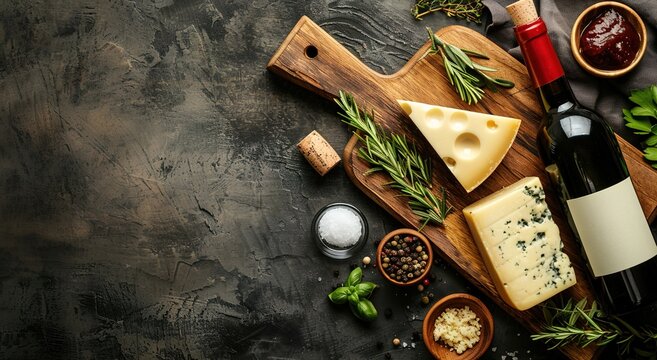 Gourmet Cheese and Wine Assortment. It features cheese, wine, herbs, and spices on a wooden board. Suited for food blogs, culinary magazines, wine shop promotions, or gourmet event materials.
