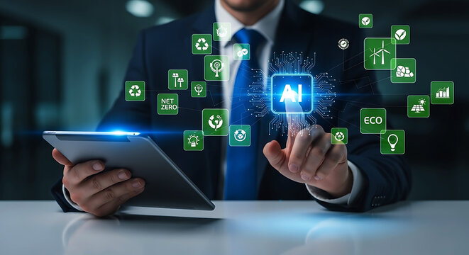 AI Technology and Sustainability Solutions Man Interacting with Innovative Digital Interface for Environmental Protection and Renewable Energy Adoption - Powered by Adobe