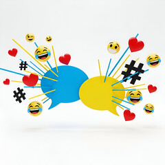 Social media chat bubbles with emojis, hearts, and hashtags isolated on white background