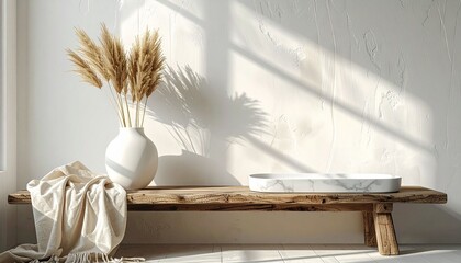 White ceramic vase with grass and a marble tray on a wooden bench. Beige linen blanket in front. Scandinavian style. Copy space on the empty white wall.