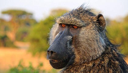 Close-up portrait of a baboon, displaying intense focus and a captivating gaze, set against a blurred natural background.