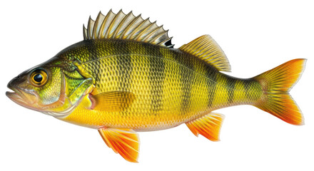 Isolated Perch fish with yellow and black stripes, freshwater sport fishing species