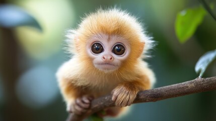 Fototapeta premium Adorable golden monkey baby clinging to a branch. Large eyes, fluffy fur