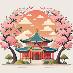 Asian Temple Amidst Pink Blossoms at Sunset