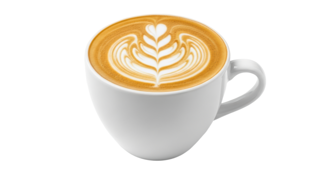 Isolated latte art in white cup, beautiful heart shape, perfect for coffee break time