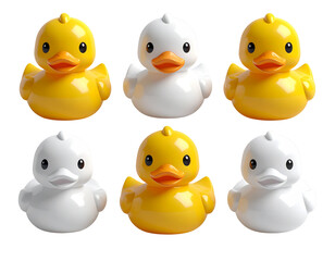  3D plastic duck bath toy set white and yellow cute ducks isolated on transparent background PNG