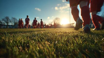 Amateur football players training on grass field under sunshine, showing dynamic sports lifestyle.