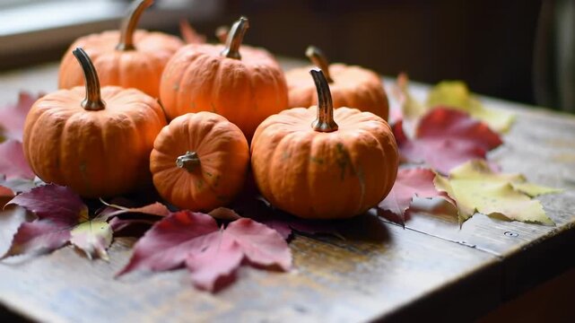 Autumn pumpkins and leaves on a rustic table