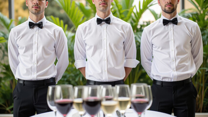 Elegant waiters in formal attire stand confidently behind table with various wine glasses, showcasing sophisticated atmosphere