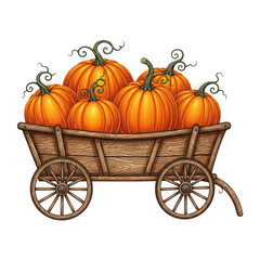 Fototapeta premium Rustic wooden wagon overflowing with ripe orange pumpkins isolated on transparent background