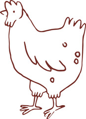 Cute hand drawn line art whimsical illustration of chicken. Outlined vector clip art