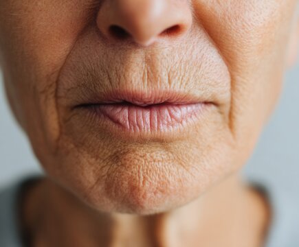Close-up view of mature skin with deep wrinkles around the mouth and lips, showcasing the effects of aging.