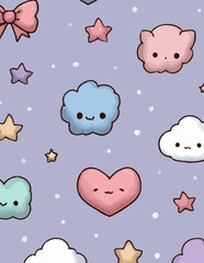 Patr&oacute;n sin costuras kawaii: Nubes, estrellas y corazones