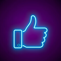 Blue neon thumbs up symbol on a dark purple background, representing approval and positivity