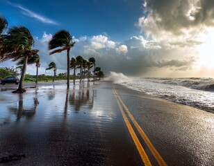 Fototapeta premium dramatic scenes of a hurricane as shown by palm trees swaying over a flooded beachside road