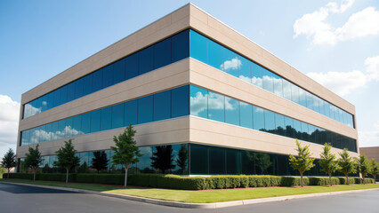 Modern office building with large glass windows reflecting clouds and greenery, surrounded by manicured landscaping