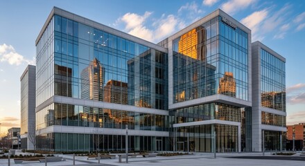 Fototapeta premium Modern glass and concrete office building complex in a city setting.