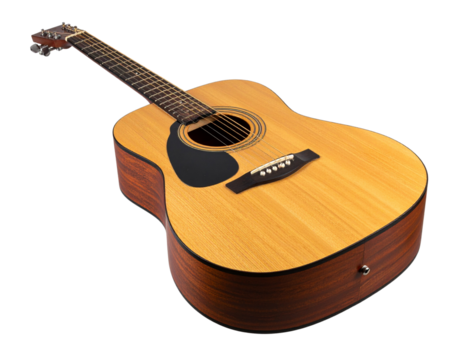 Acoustic guitar with six strings isolated on a white background
