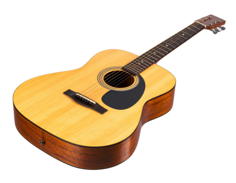 Acoustic guitar with six strings isolated on a white background