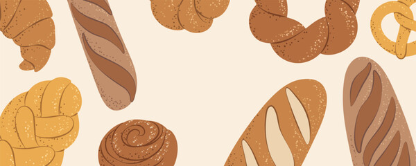 Bakery banner with bread and pastries, perfect for menus, ads, or food promotions.