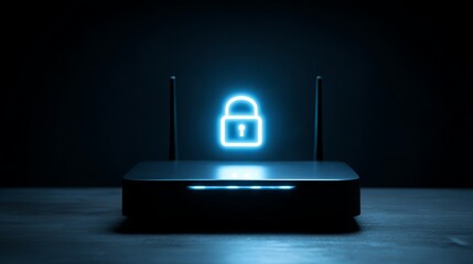 Secure wi-fi router with glowing lock symbol in dark room