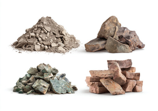 Four piles of various broken construction materials