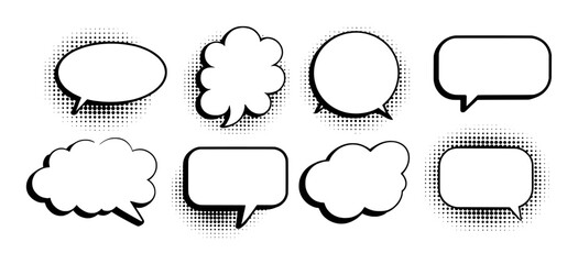 Fototapeta premium Collection of eight diverse comic book style speech and thought bubbles