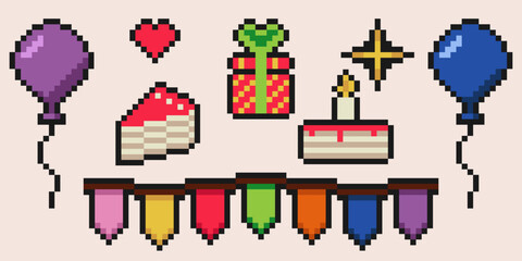 Birthday y2k pixel elements. Retro style 8 bit balloons, bunting flag, birthday cake and gift