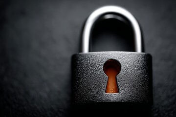 Close-up of black padlock against dark background highlighting keyhole