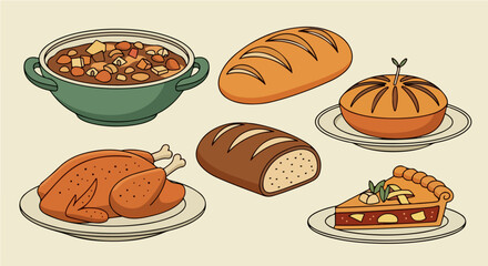 A charming vector illustration set of traditional homemade comfort food, featuring roast chicken, hearty stew, fresh bread, and savory pies