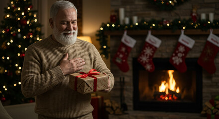 Senior man with trimmed beard holding gift box, cozy holiday season in living room with fireplace