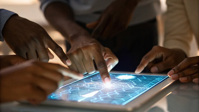 Focused business team showing diversity using advanced tech for project on sustainability. Collaborative hands point at glowing digital tablet screen for innovation - Powered by Adobe