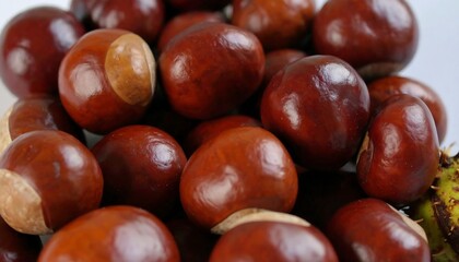 Obraz premium Close-up view of a cluster of glossy, reddish-brown horse chestnuts, highlighting their smooth surfaces and distinct light-tan colored seed ends.