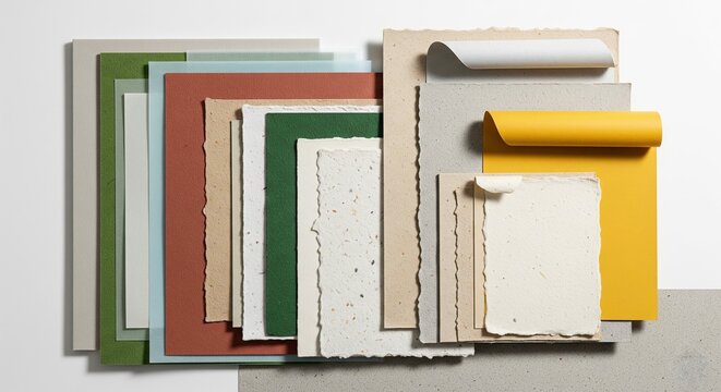 A curated flat lay of various paper and cardstock samples in earthy, soft pastel tones, showcasing different textures and colors