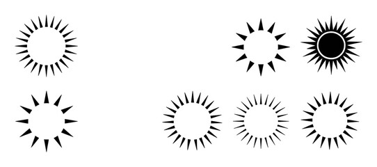Collection of stylized sun icons with sharp rays and circular designs