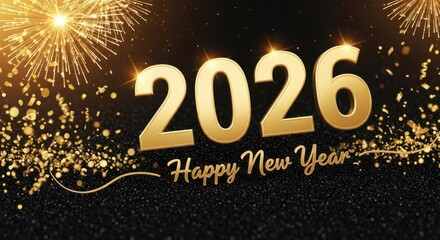 Happy new year 2026 with golden fireworks and confetti celebration