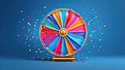 Bright colorful fortune wheel with confetti explosion on blue background symbolizing luck and game