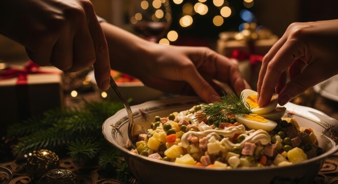 A couple is serving a large bowl of food, which includes a variety of vegetables and meat. Scene is warm and inviting, as the couple is sharing a meal together - Powered by Adobe