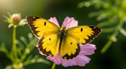 Obraz premium A vibrant yellow butterfly rests on a delicate pink cosmos flower in soft sunlight.